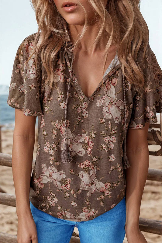 Retro Floral Print Tassel Top
