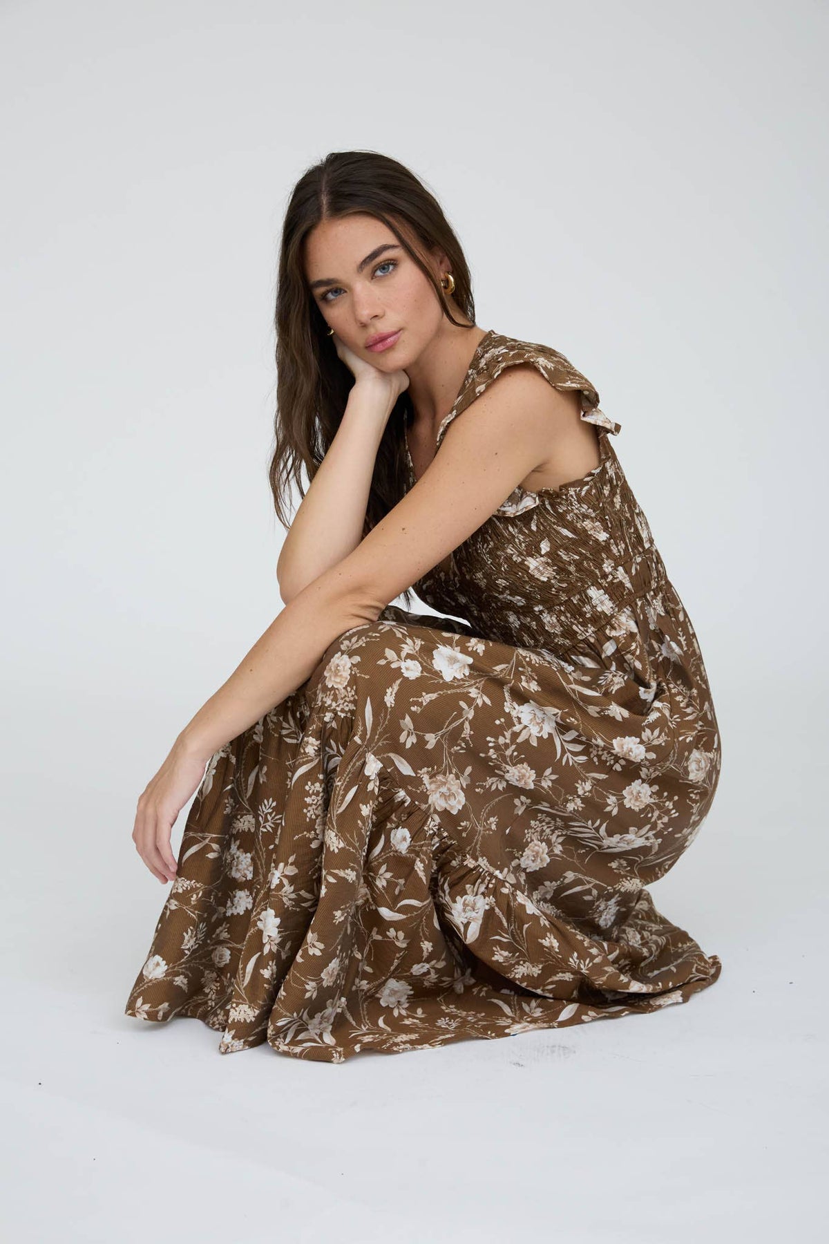 Floral smocked button-down midi dress