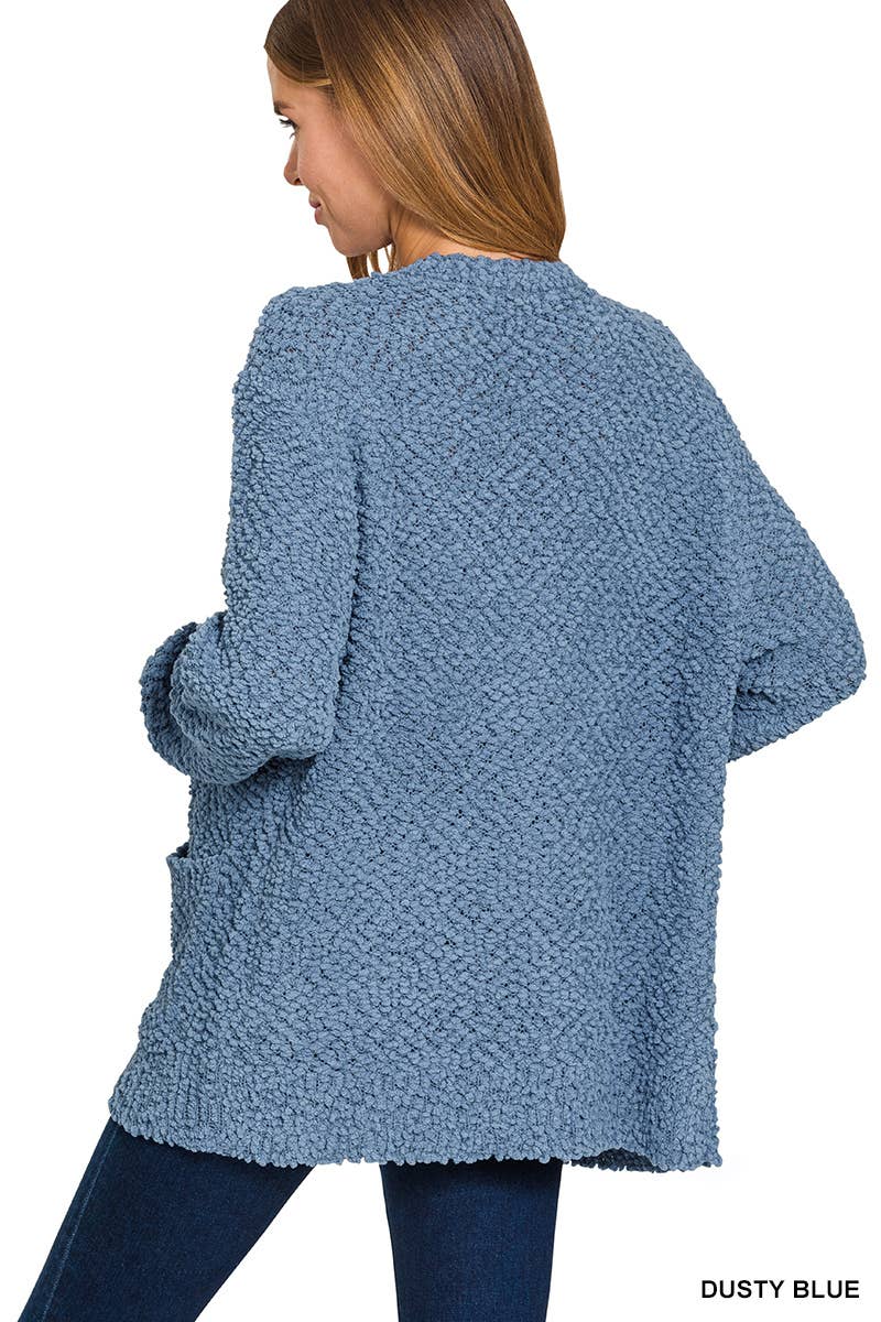 Dusty blue Popcorn Sweater Cardigan w/Pockets