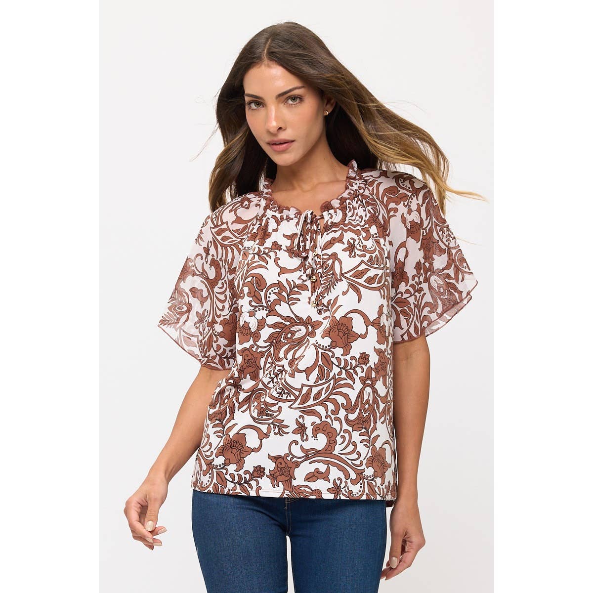 Floral ivory and brown ruffle accent top