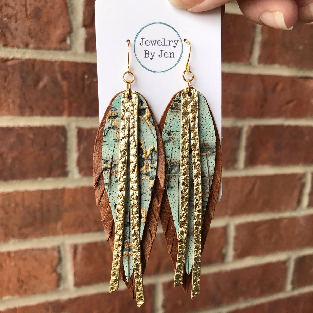 Narrow Fringe Feather Earrings: Gold/Cognac/Turq. Wildwood