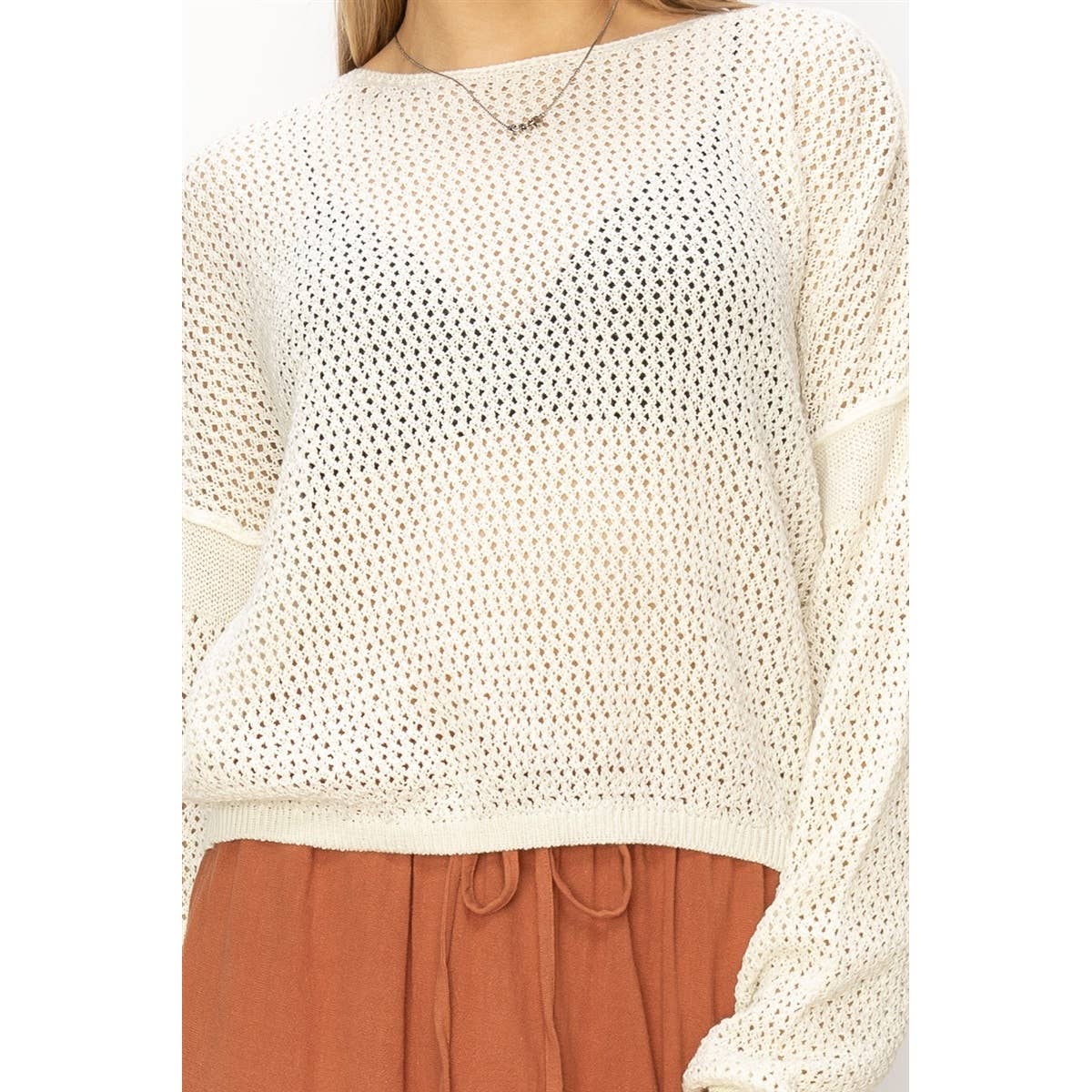 Black Open Knit Drop Shoulder Sweater