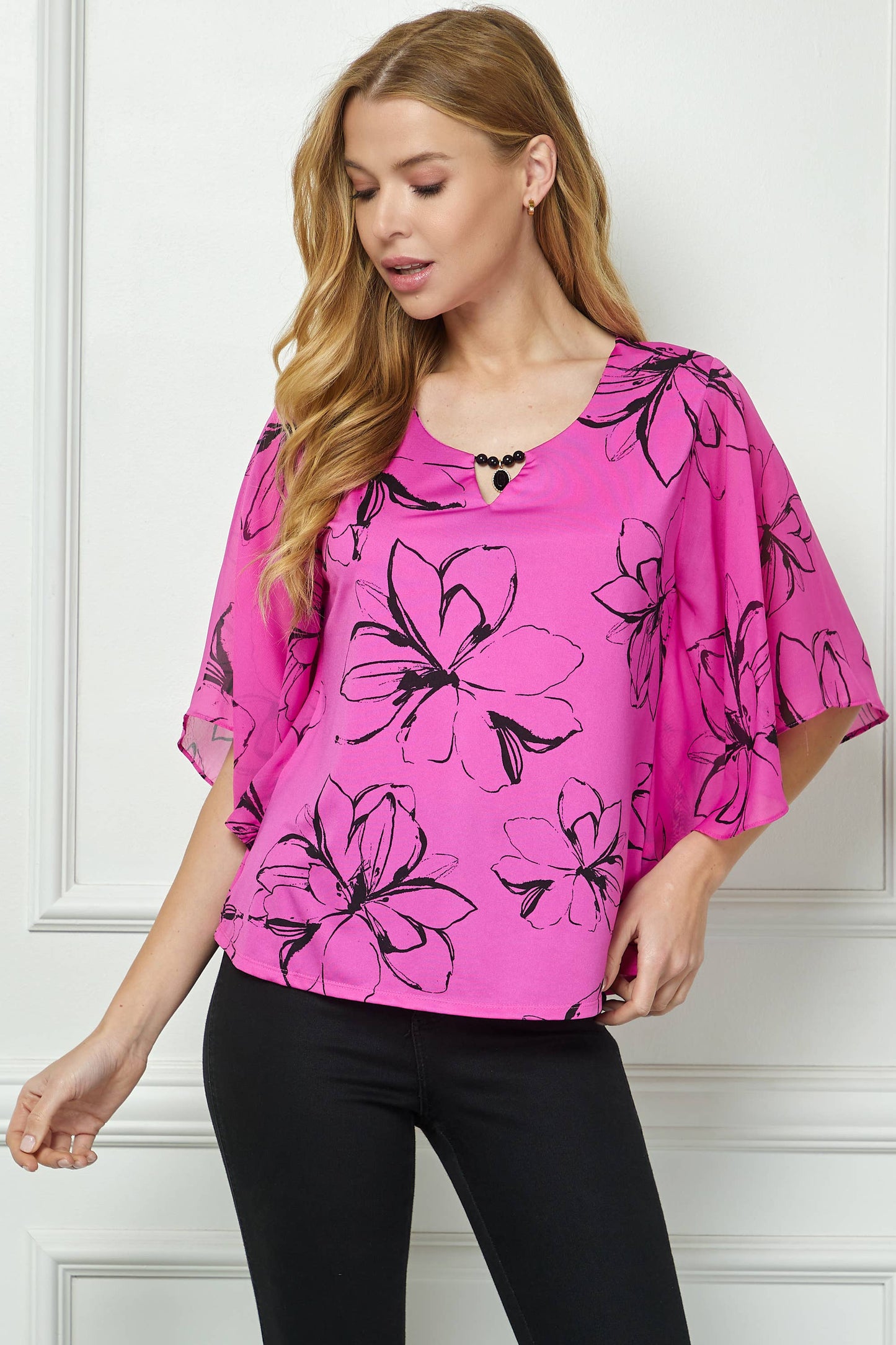 Fuchsia floral printed bat wing blouse