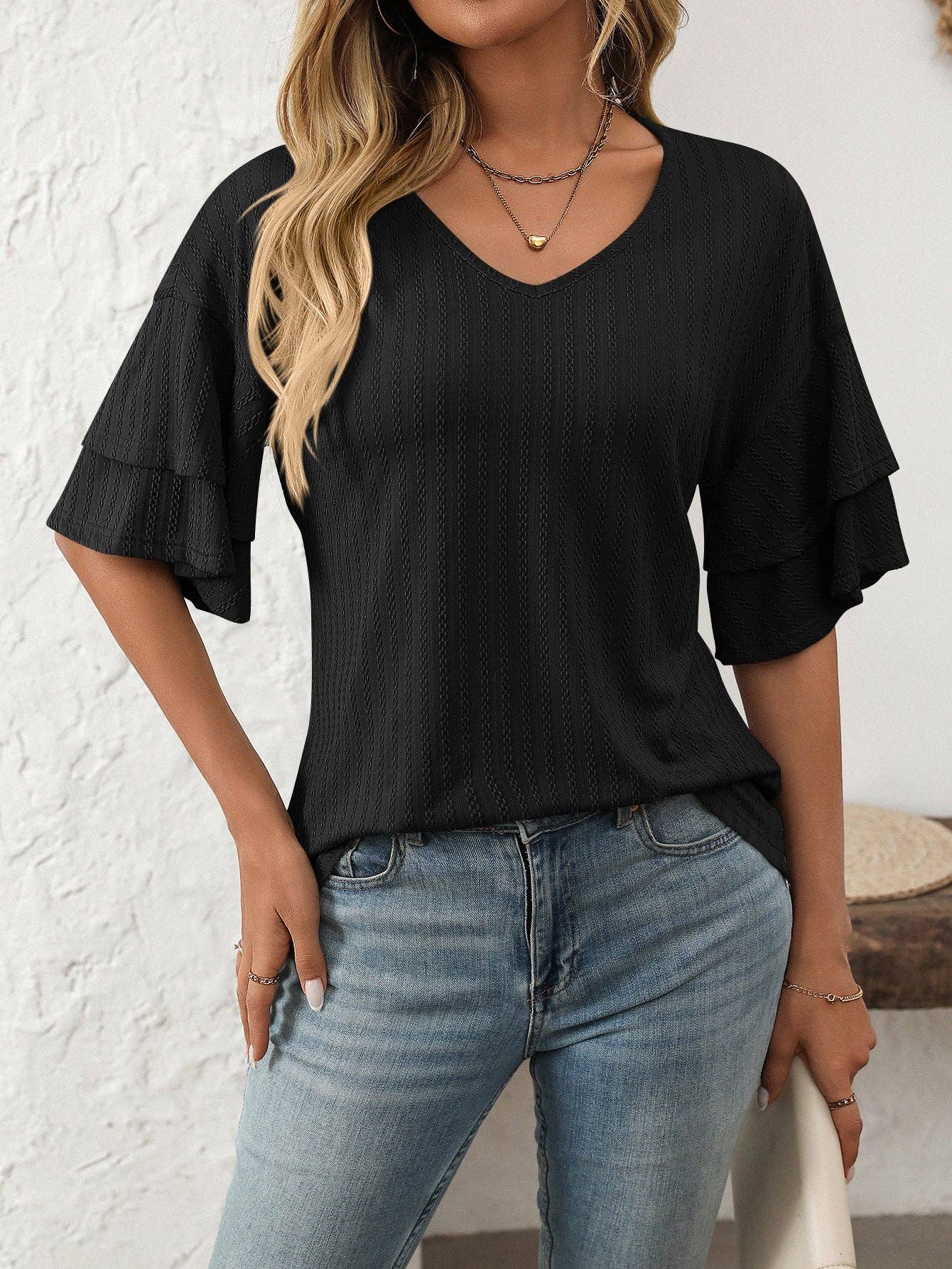 Solid V-Neck Ruffle Sleeve Top