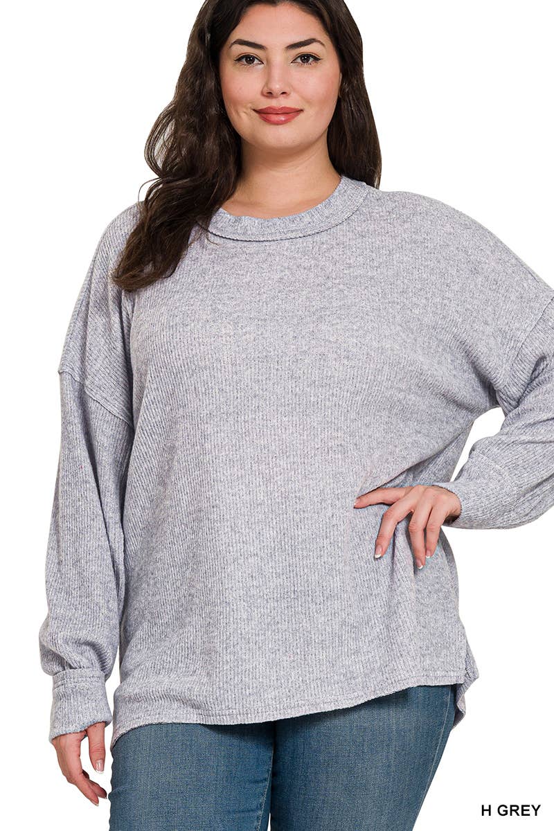 Plus Grey Brushed Ribbed Hacci Exposed seam top
