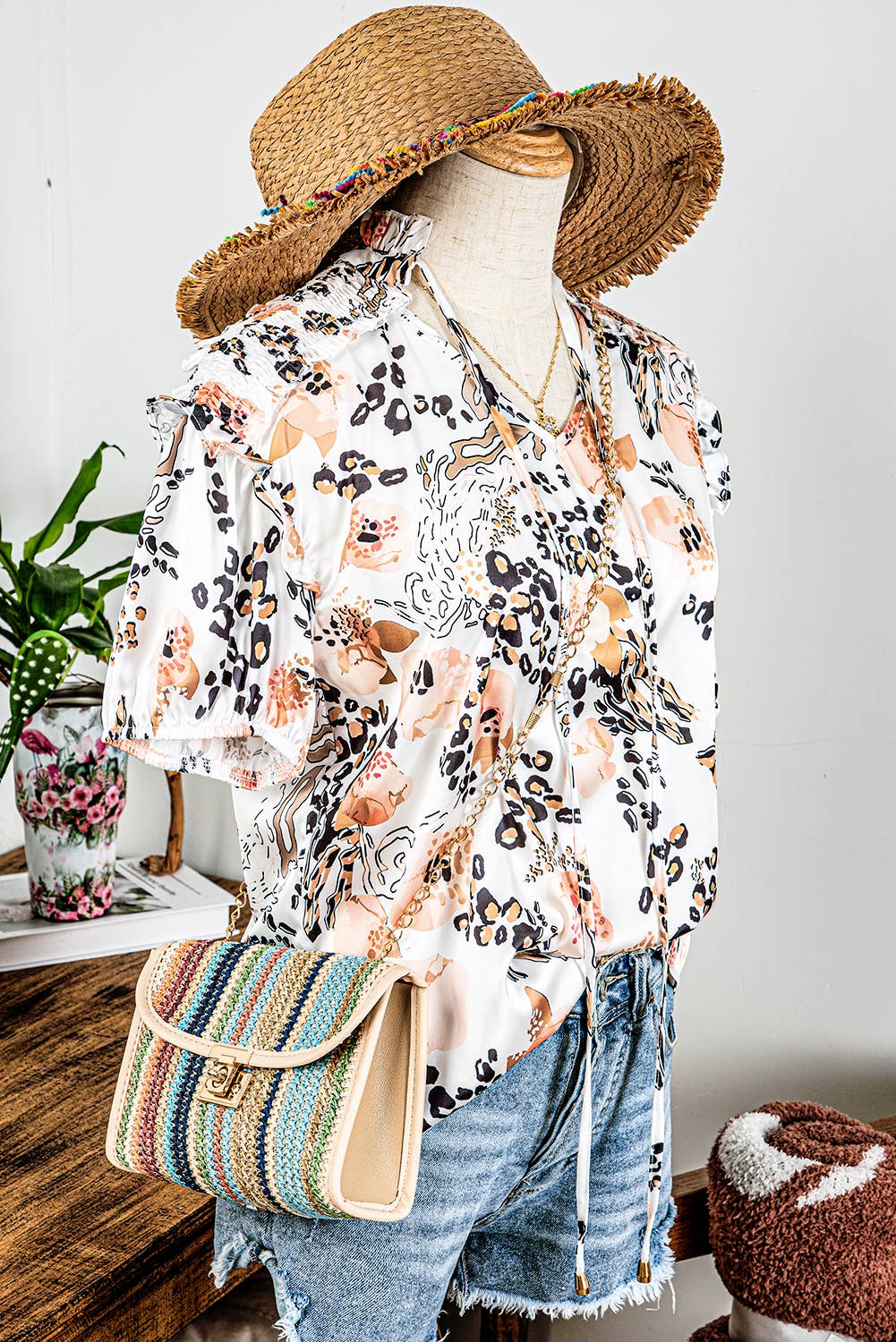 Leopard Floral Split Neck Blouse