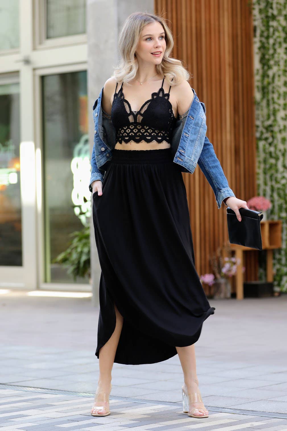 Black Side Slit Maxi Skirt With Pockets