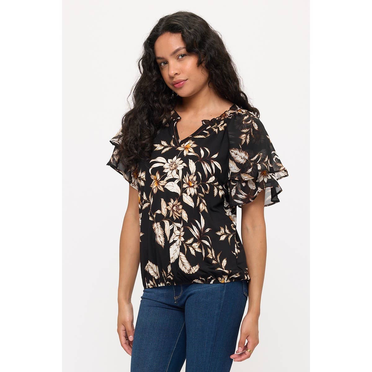 Floral bubble hem flutter sleeve