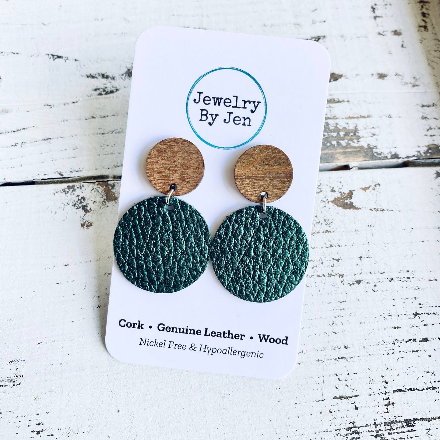 Wood Stud Earrings: Metallic Hunter Green