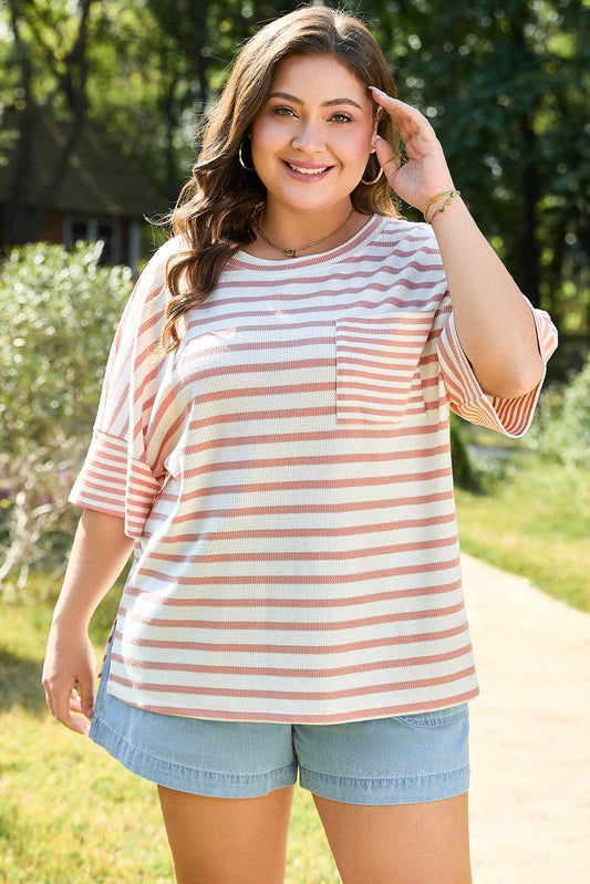 Pink Striped Plus Size Pocket Top