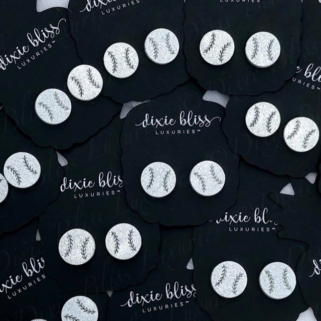 Baseball Stud Earrings- Silver Glitter