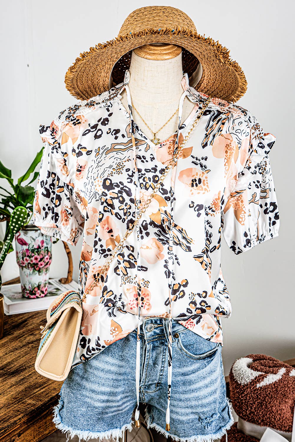 Leopard Floral Split Neck Blouse