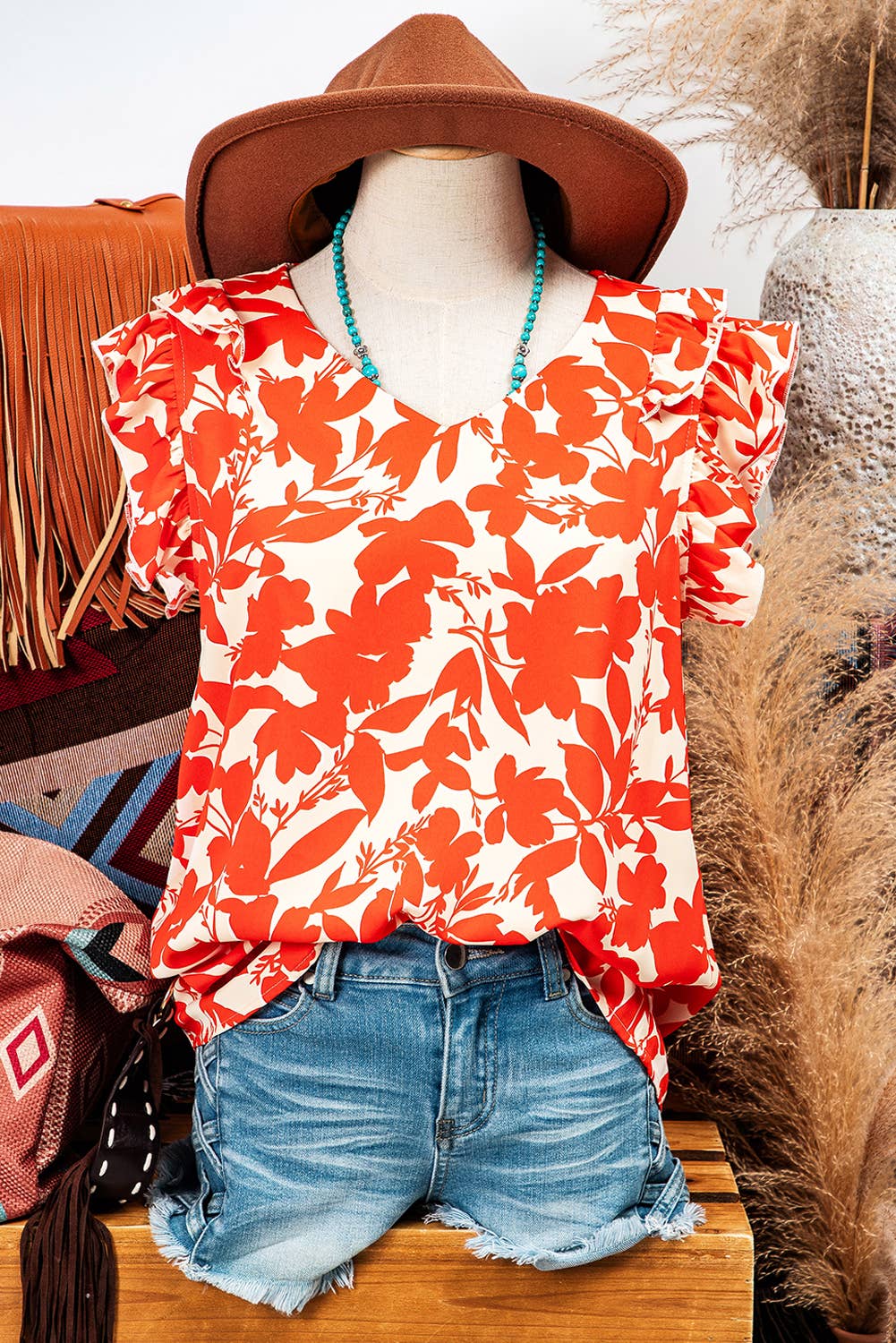 Floral Ruffle Sleeve Print Top