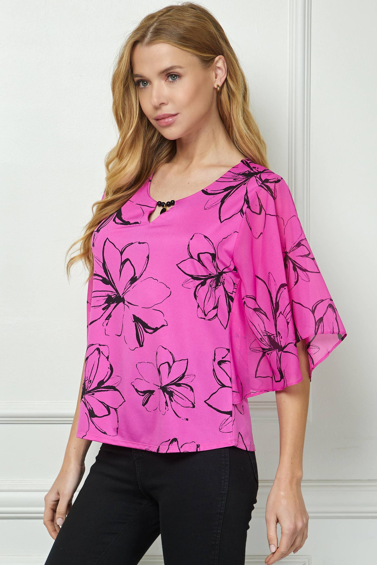 Fuchsia floral printed bat wing blouse