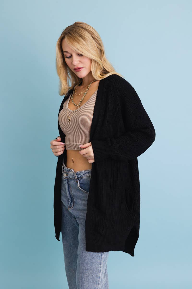 Black Open-Front Waffle Knit Long Cardigan