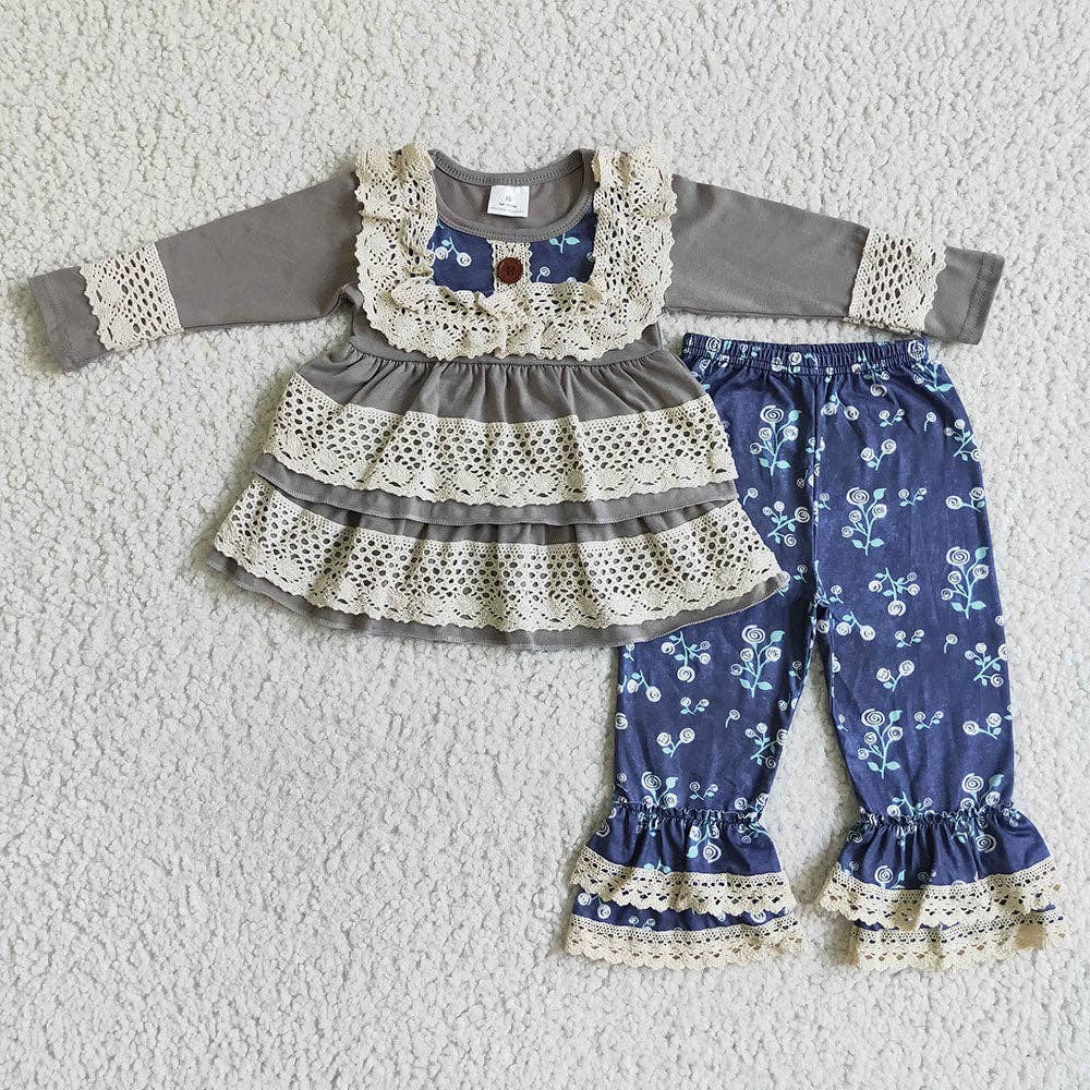 Baby Girls navy floral pants lace fall outfits clothes sets
