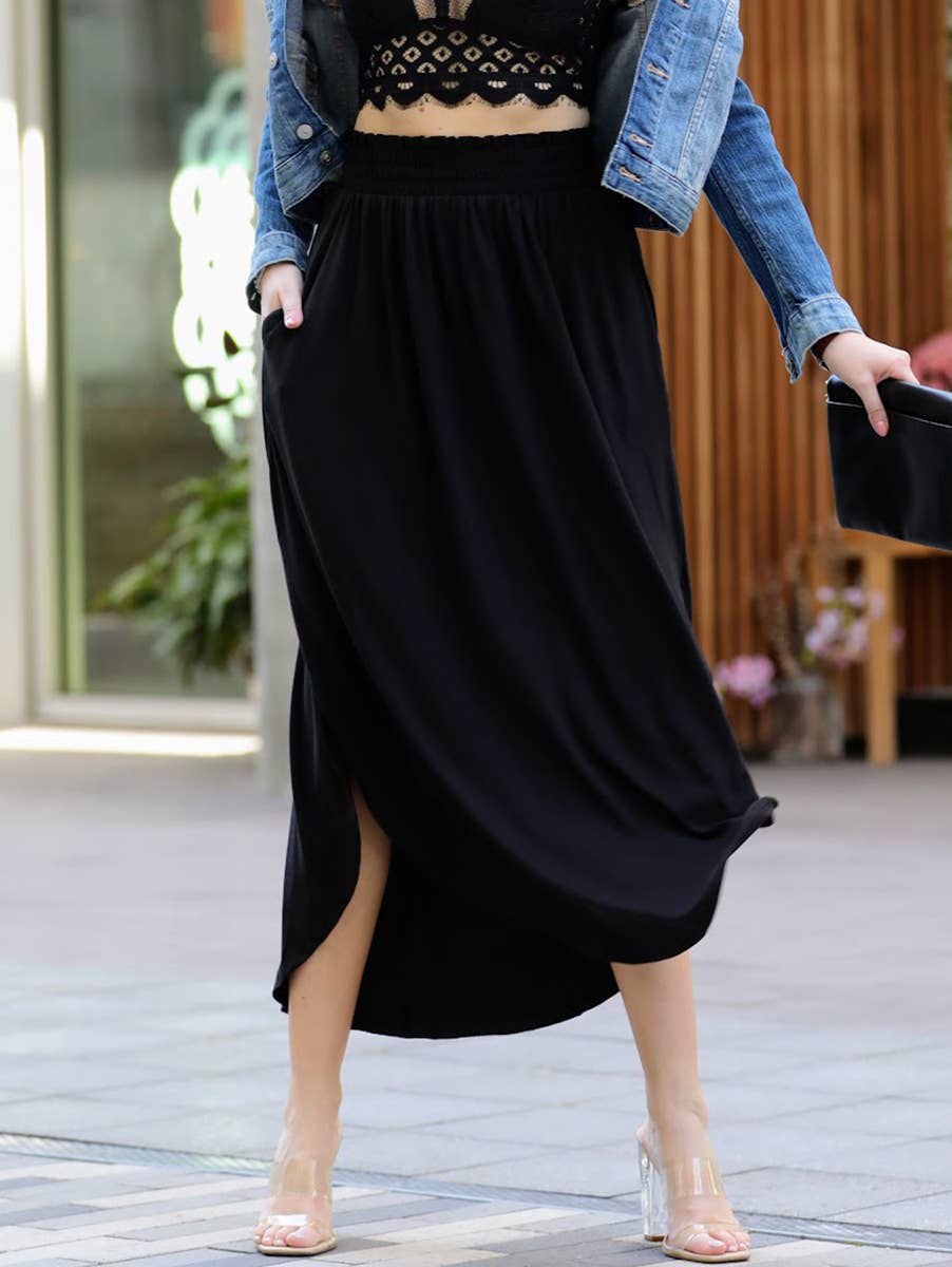 Black Side Slit Maxi Skirt With Pockets
