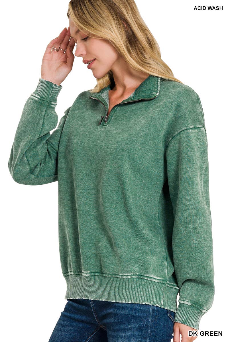 Acid Wash Fleece Half Zip Pullover Zenana