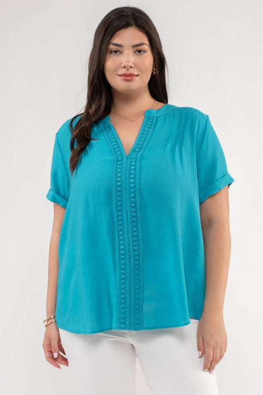 PLUS teal v-neck lace top
