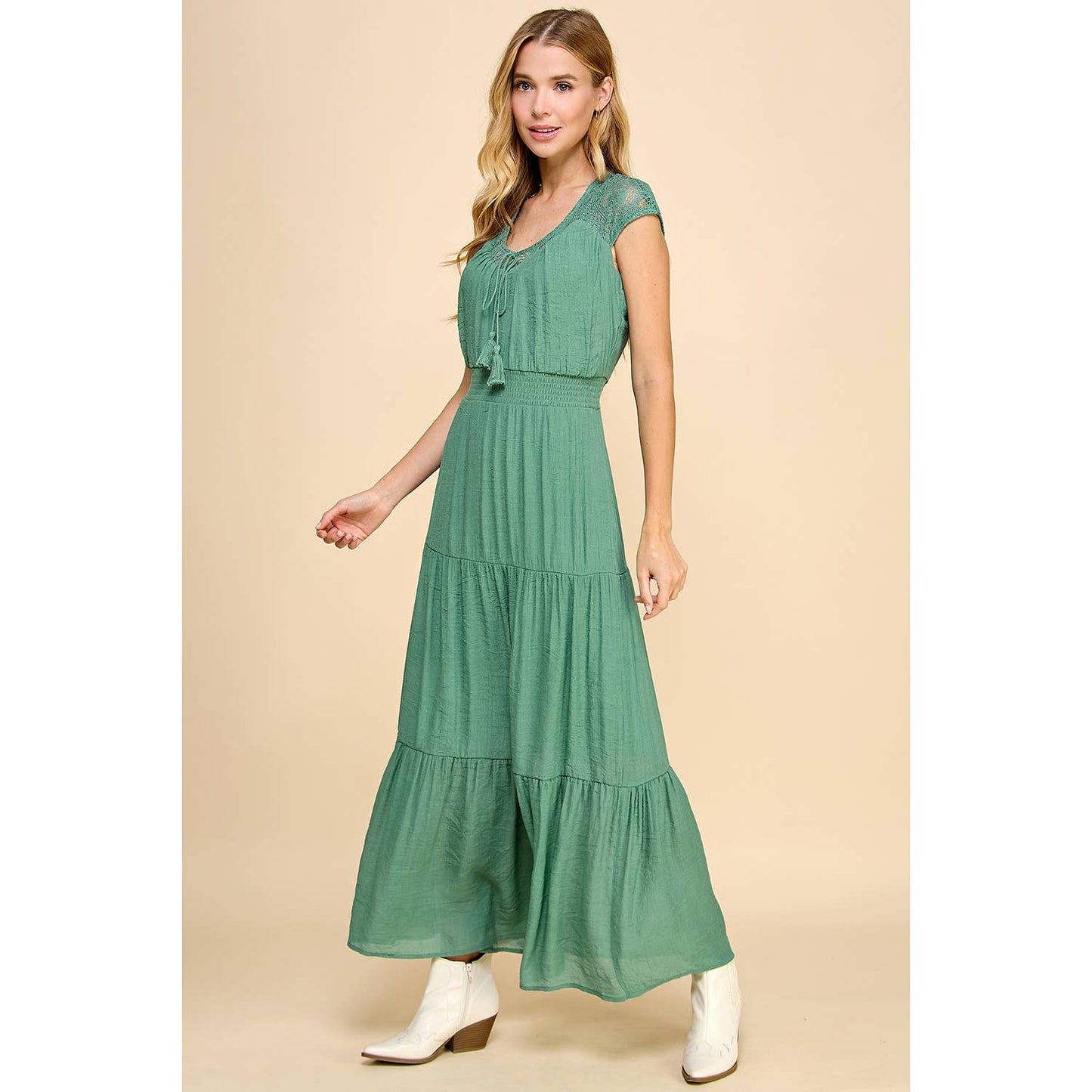 Green lace smocked waist tier maxi dress