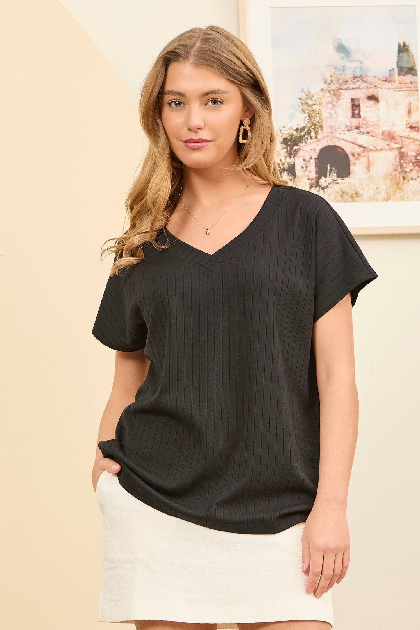 Casual Thick Ribbed V Neck Top