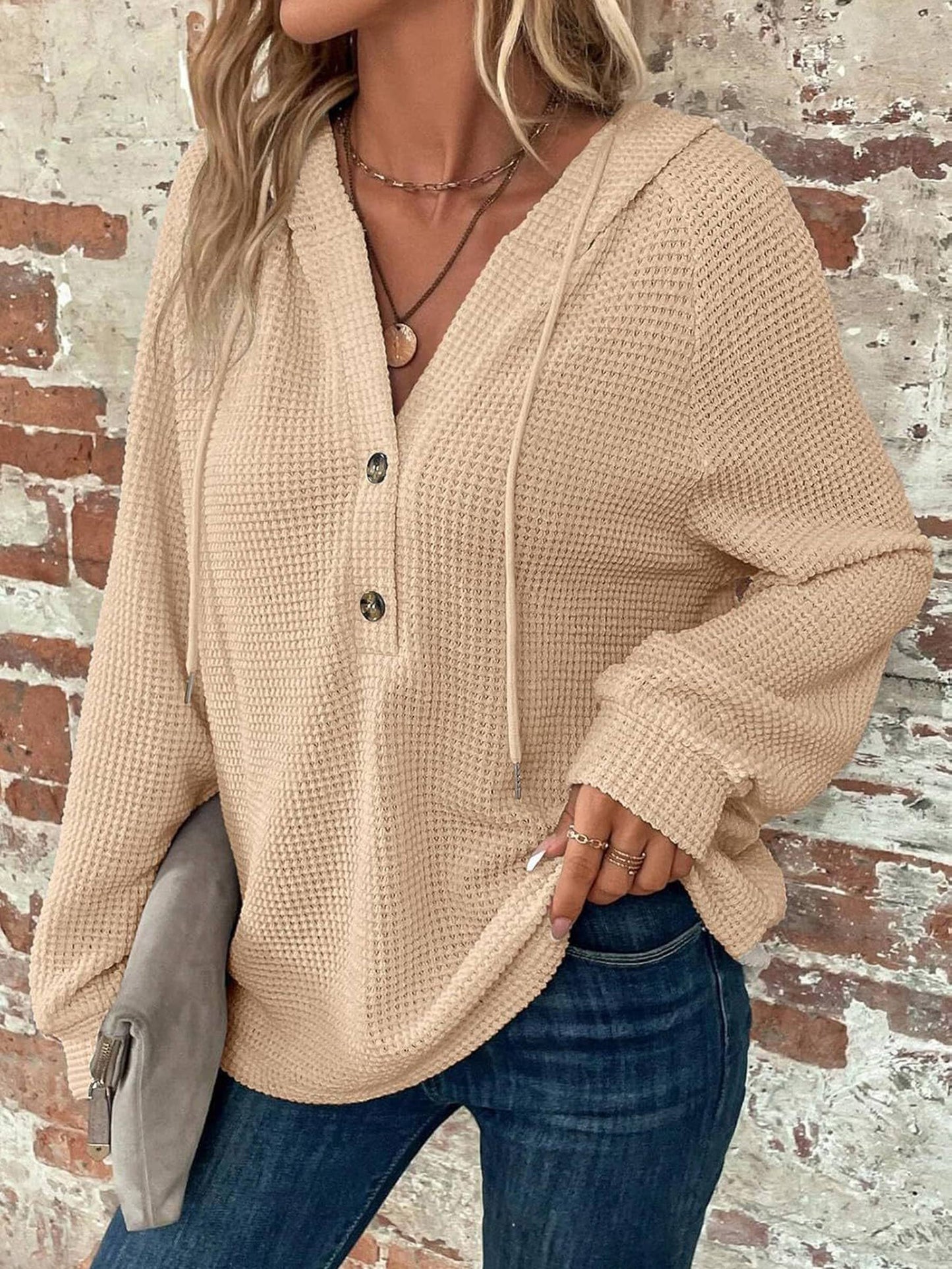 Gray Waffle Knit Drawstring V-neck Hoodie