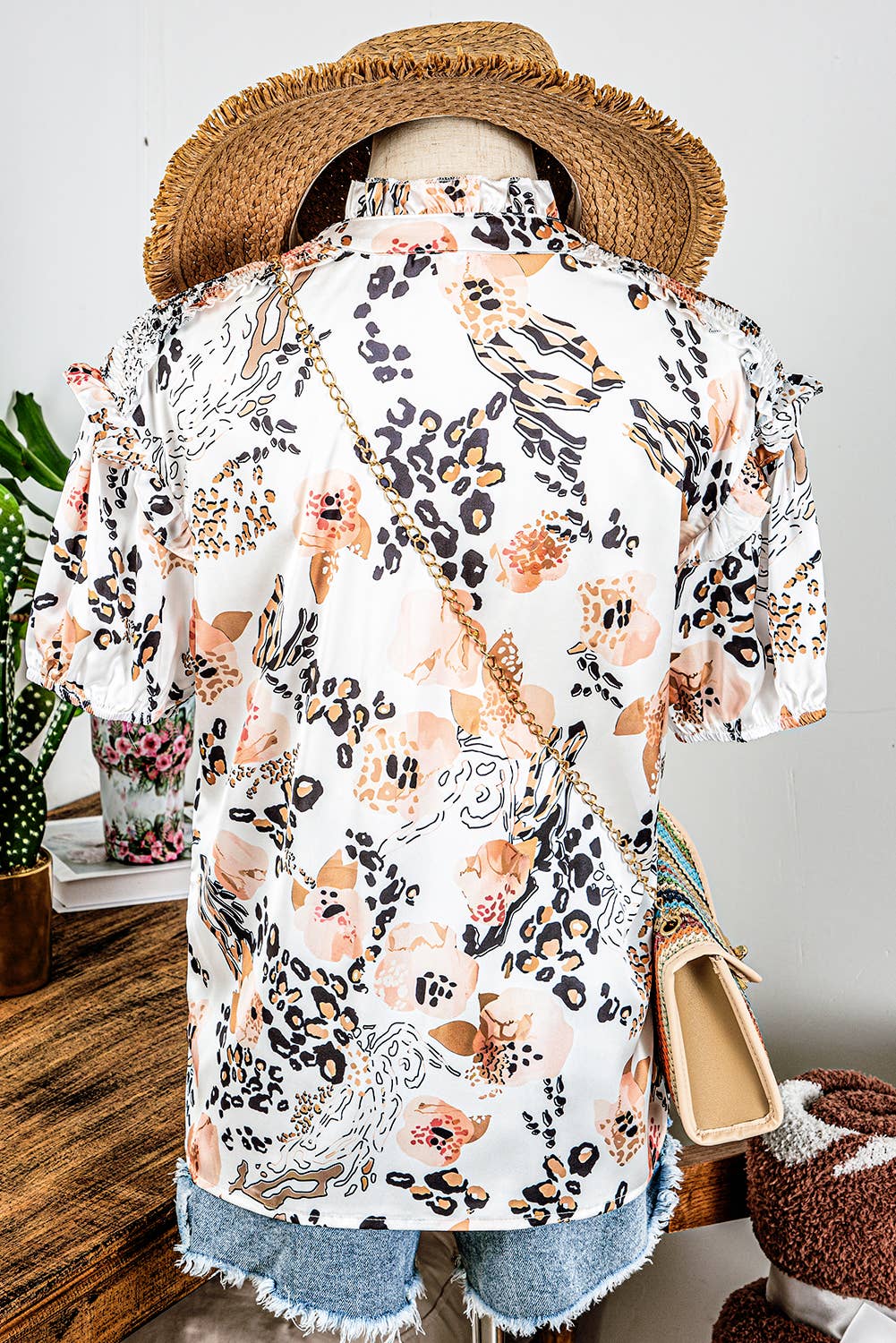 Leopard Floral Split Neck Blouse