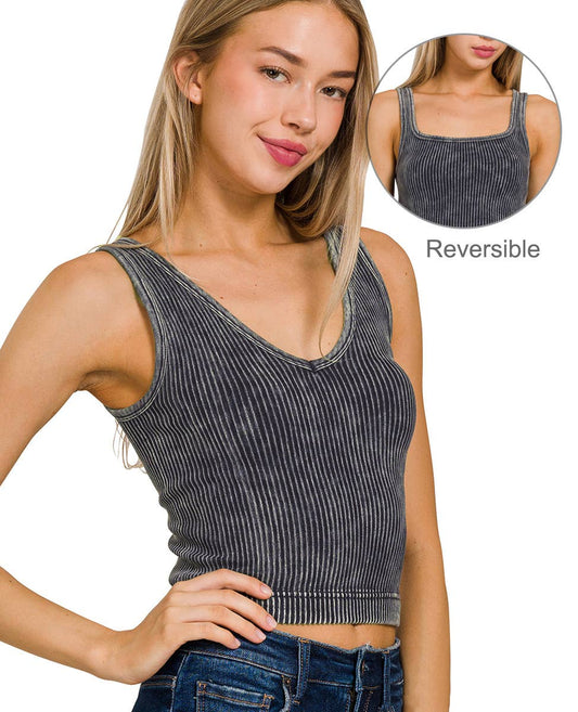 2 Way Neckline Washed Rib Crop Tank