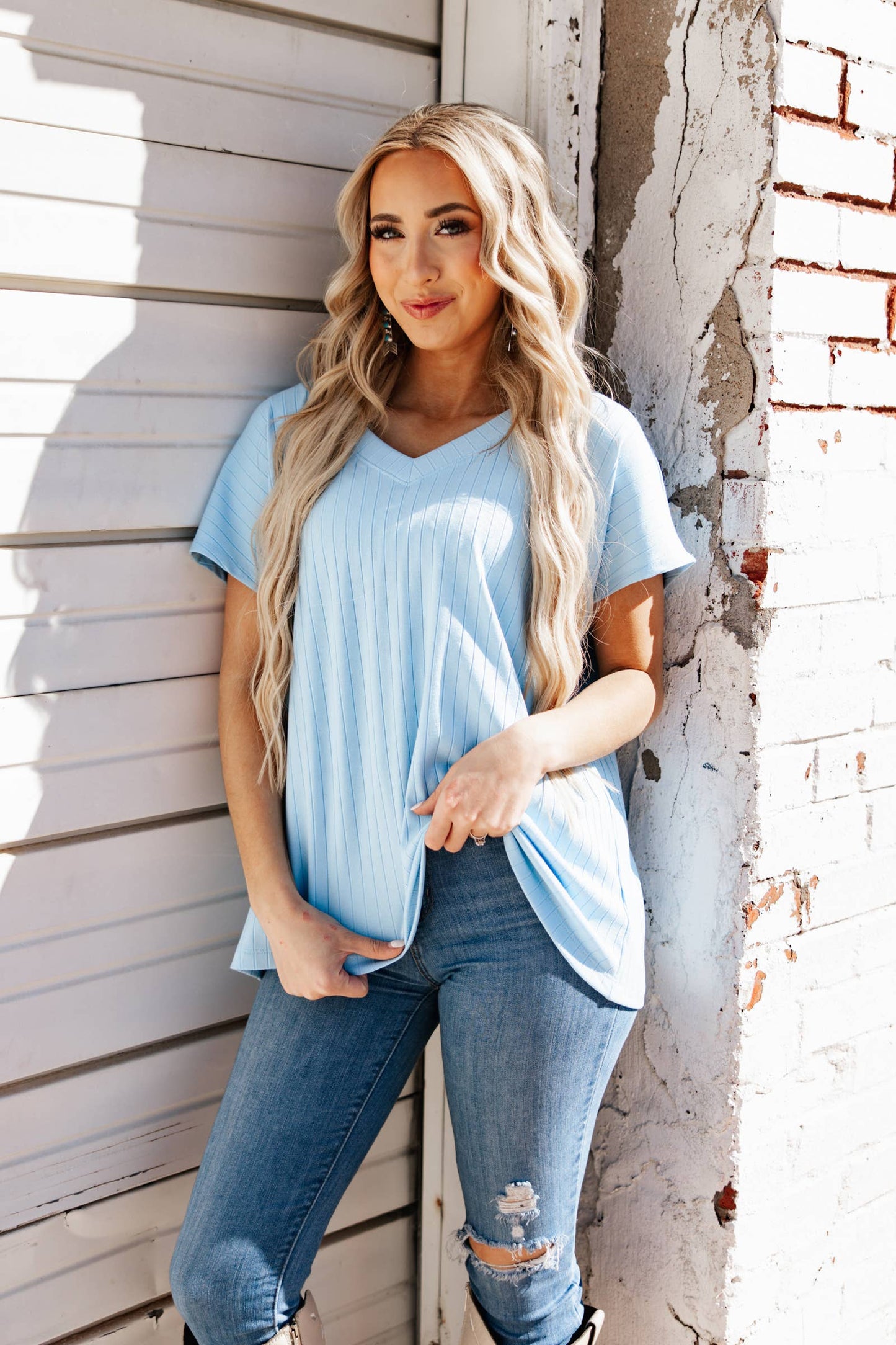 Casual Thick Ribbed V Neck Top