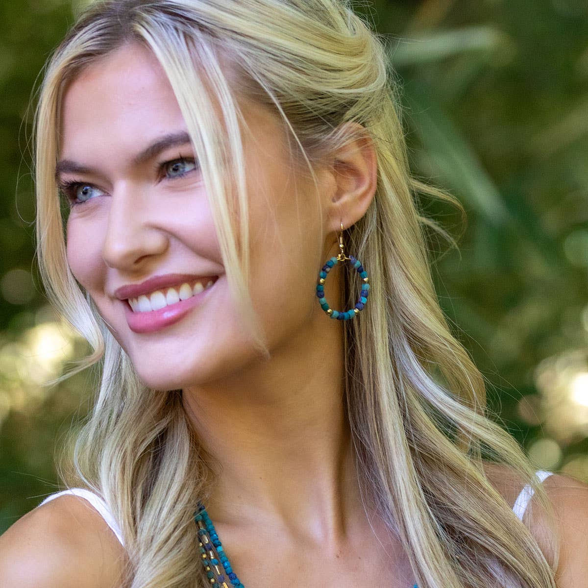 Aasha Aqua Small Beaded Hoop Earrings