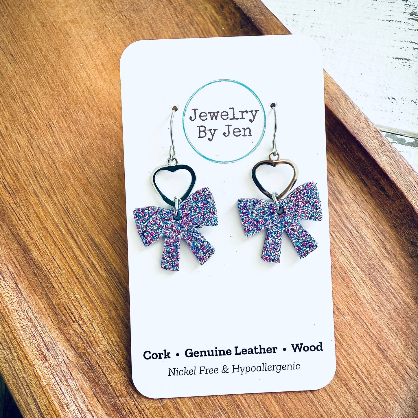 Bow w/Heart Charm Earrings: Aurora Purple Fine Glitter
