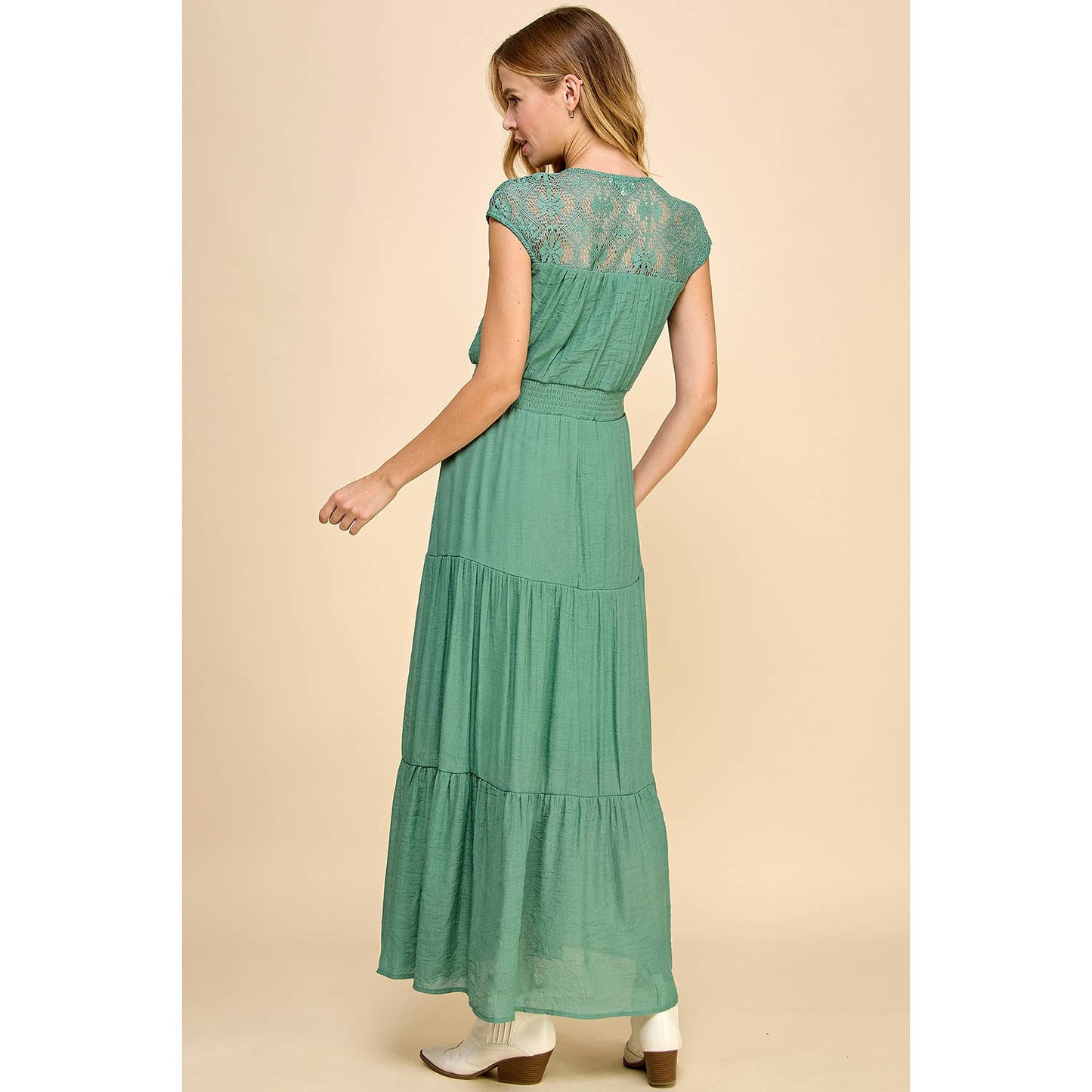 Green lace smocked waist tier maxi dress