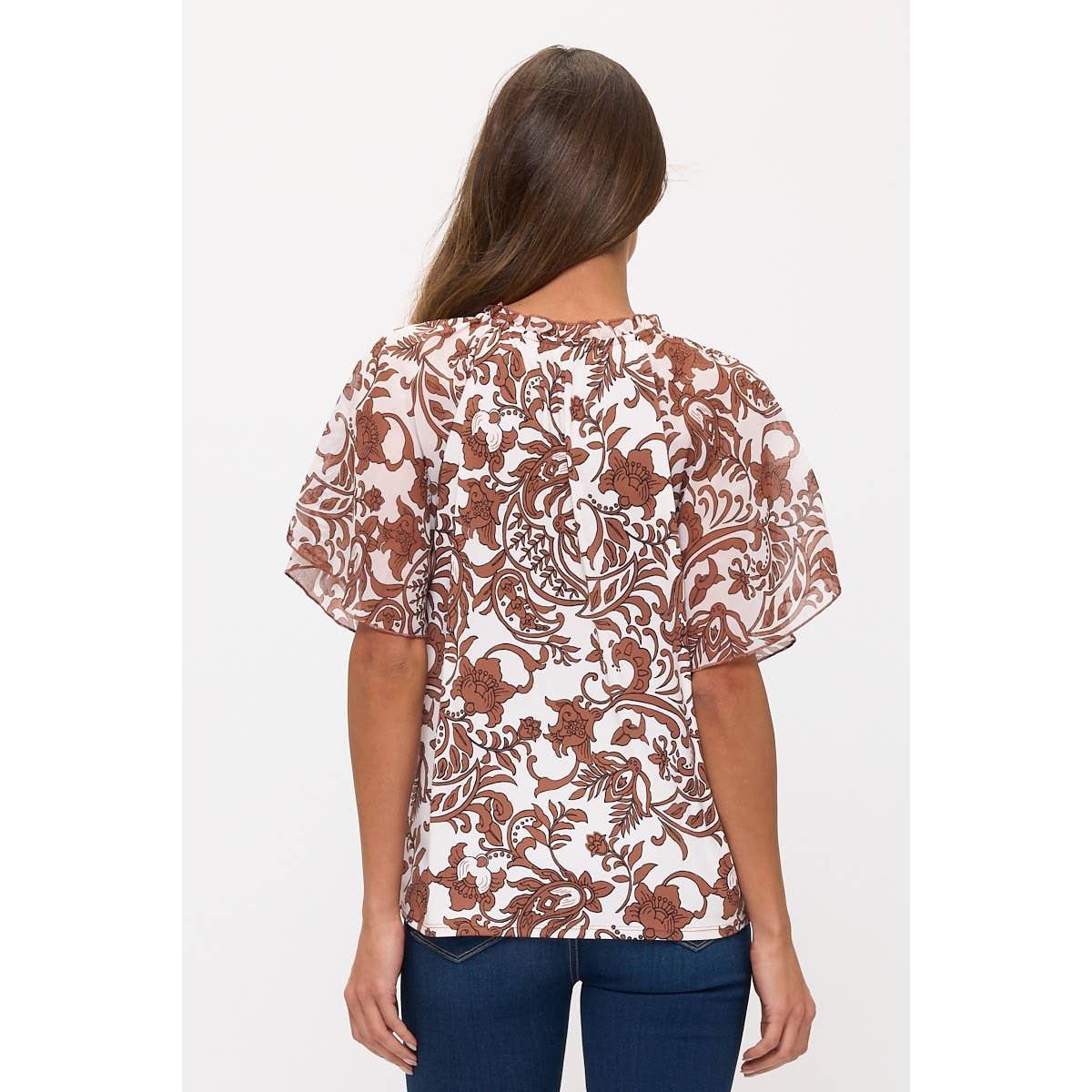 Floral ivory and brown ruffle accent top