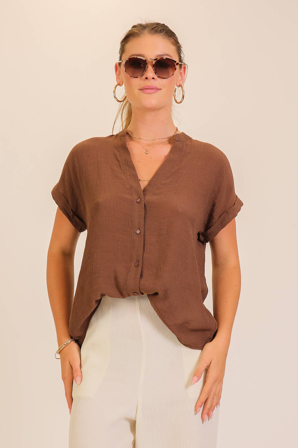 Burnt orange-Textured Gauze Button-Front Blouse