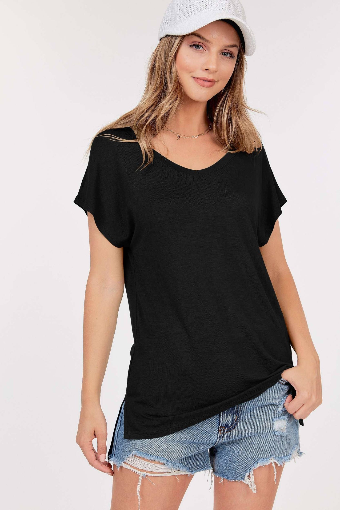 Basic Short Sleeve V-Neck Top With Side Slits