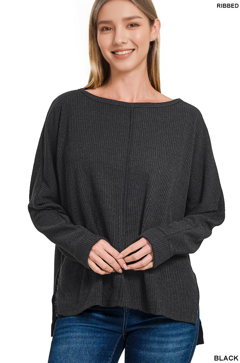Black Side-slit Ribbed Sweater