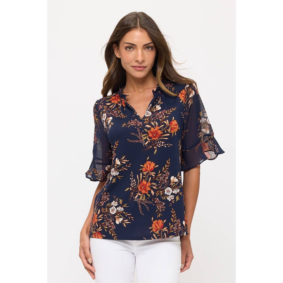 Navy floral ruffle sleeve blouse