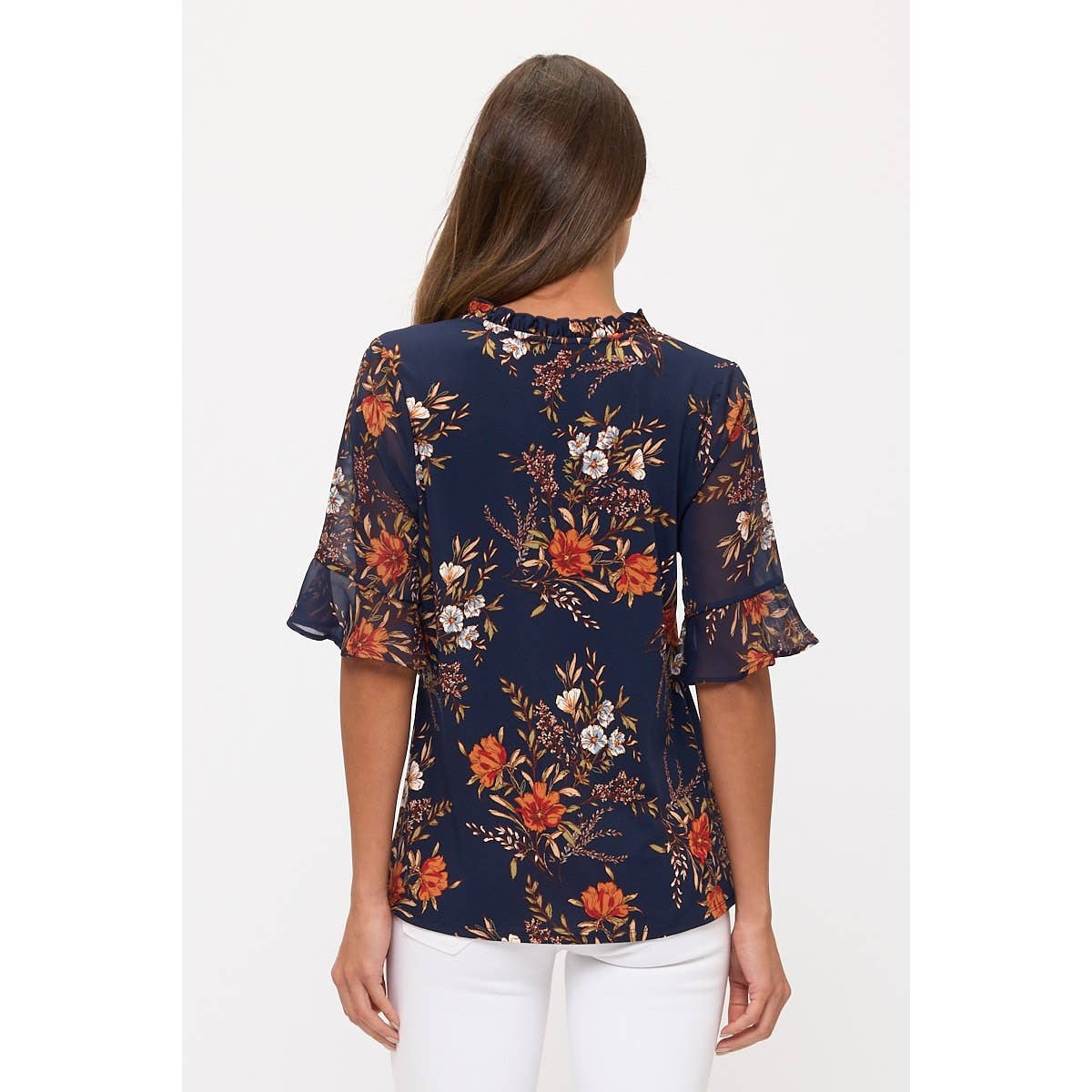 Navy floral ruffle sleeve blouse