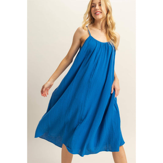 Blue Shirring Neckline Flowy Dress