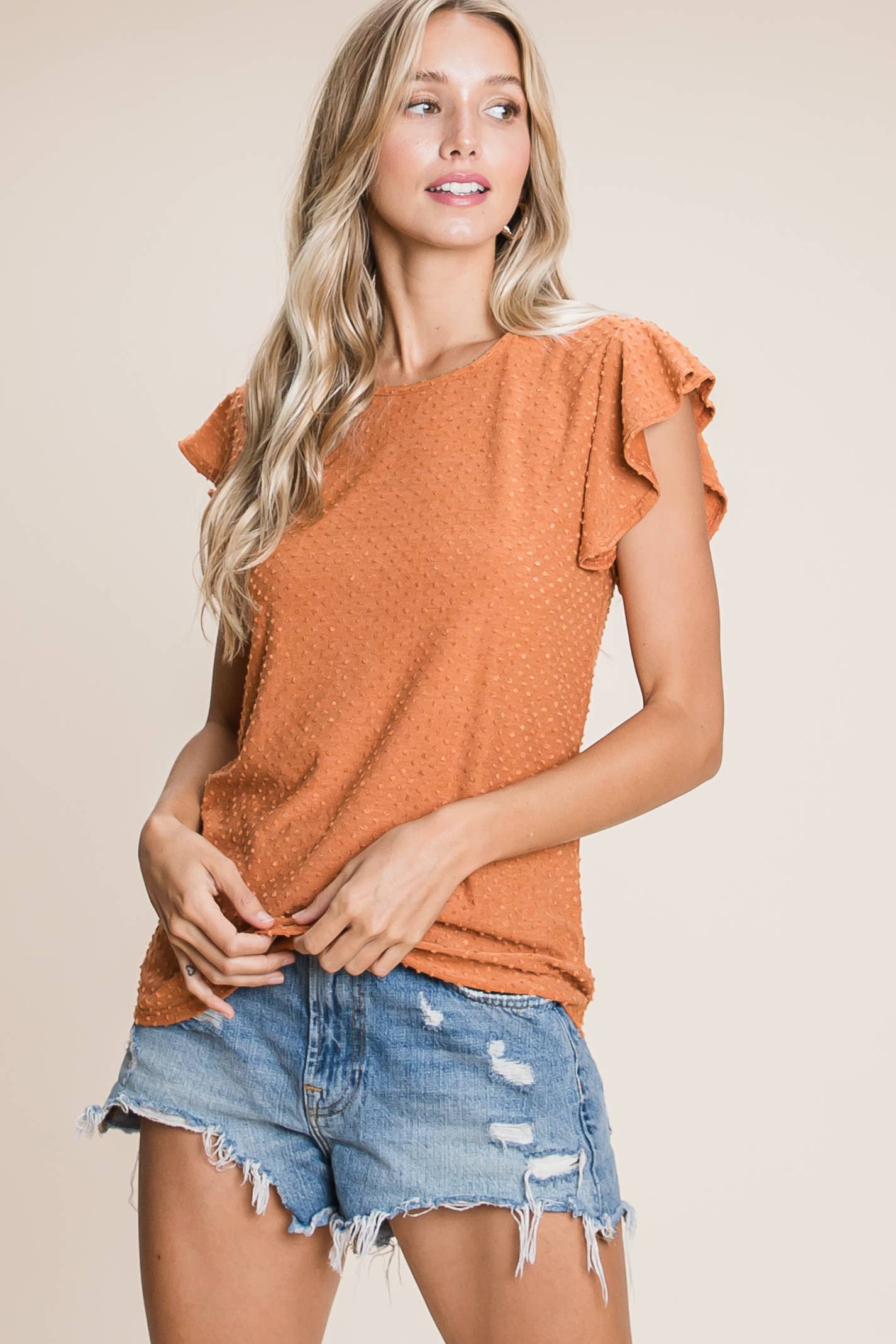 Textured Dotted Flutter Sleeve Top