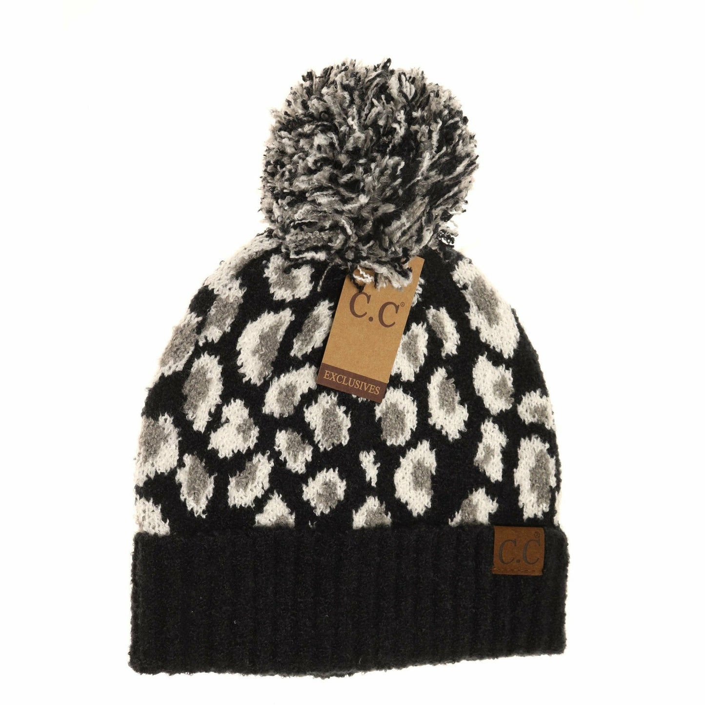 Black Leopard Boucle Knit POM CC Beanie