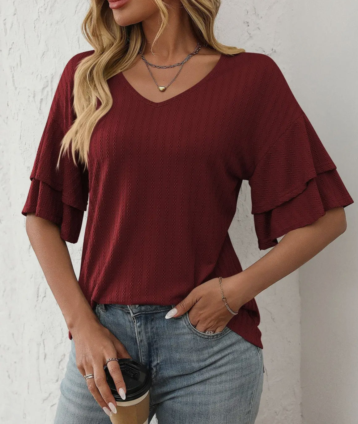 Solid V-Neck Ruffle Sleeve Top