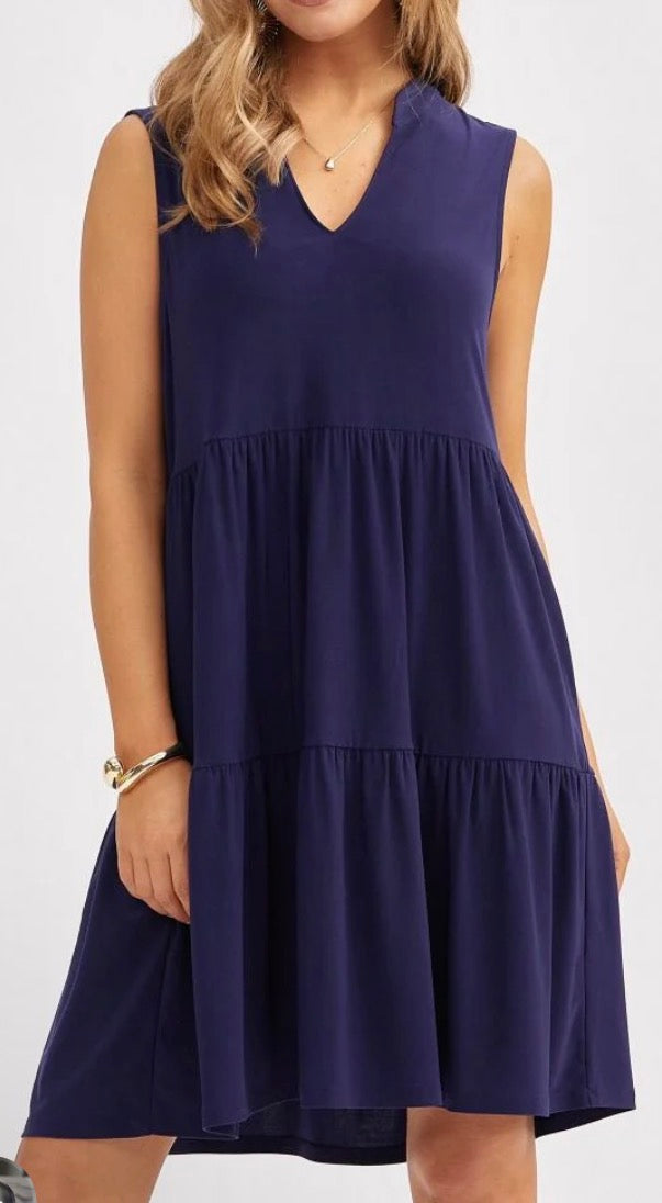 Navy sleeveless tiered dress