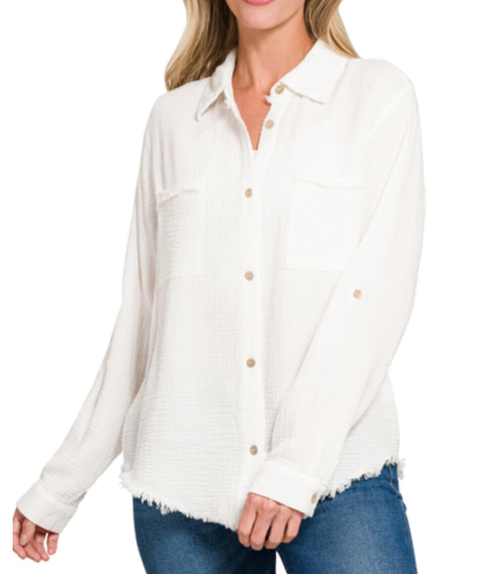 White gauze roll up sleeve top