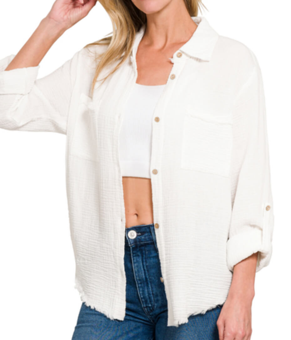 White gauze roll up sleeve top
