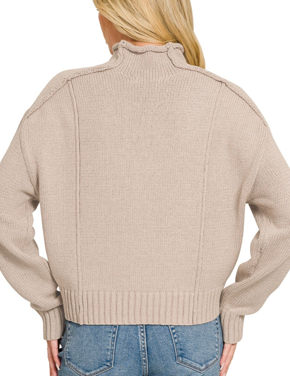 Ash mocha mock neck exposed seam sweater