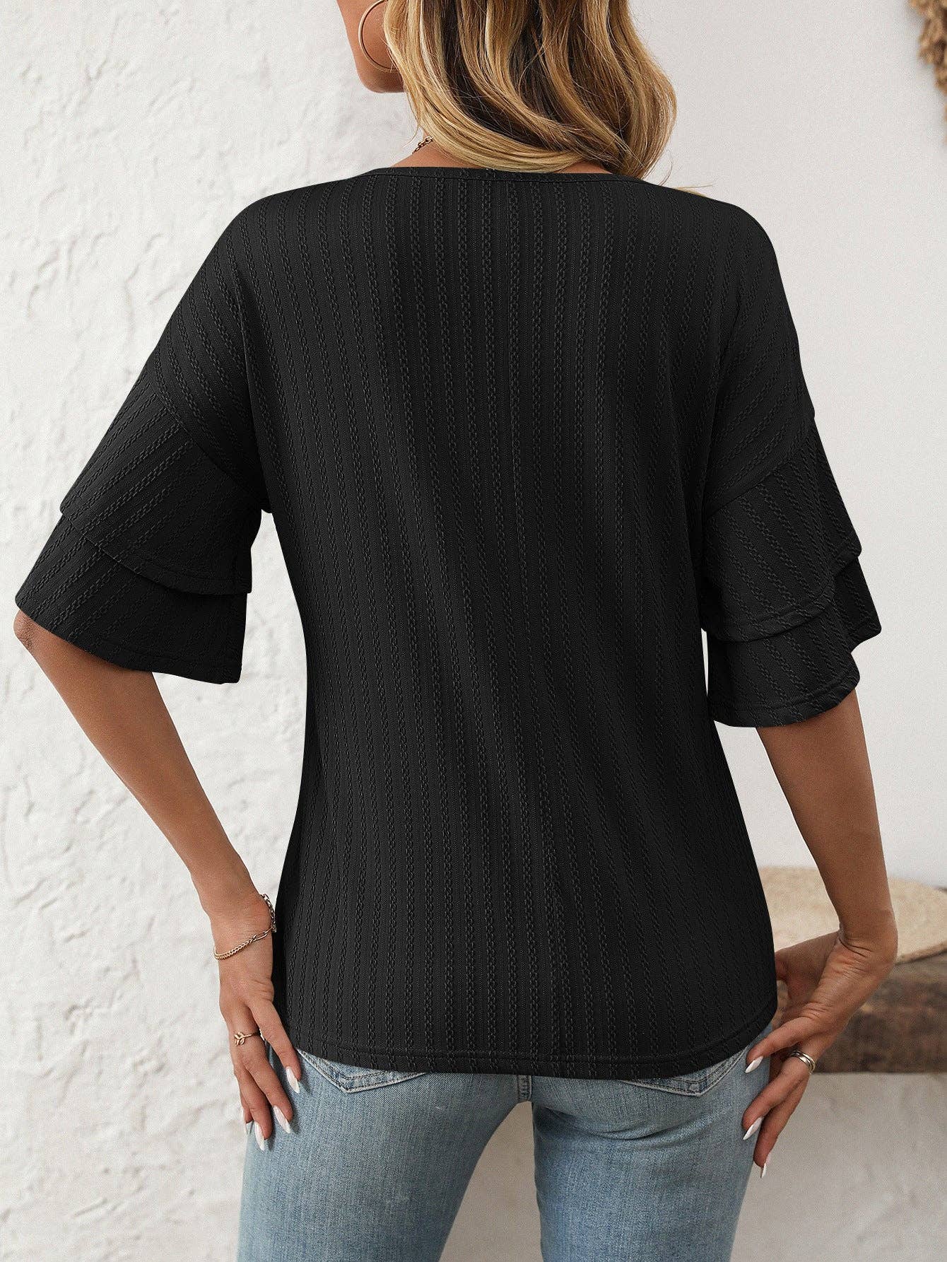 Solid V-Neck Ruffle Sleeve Top