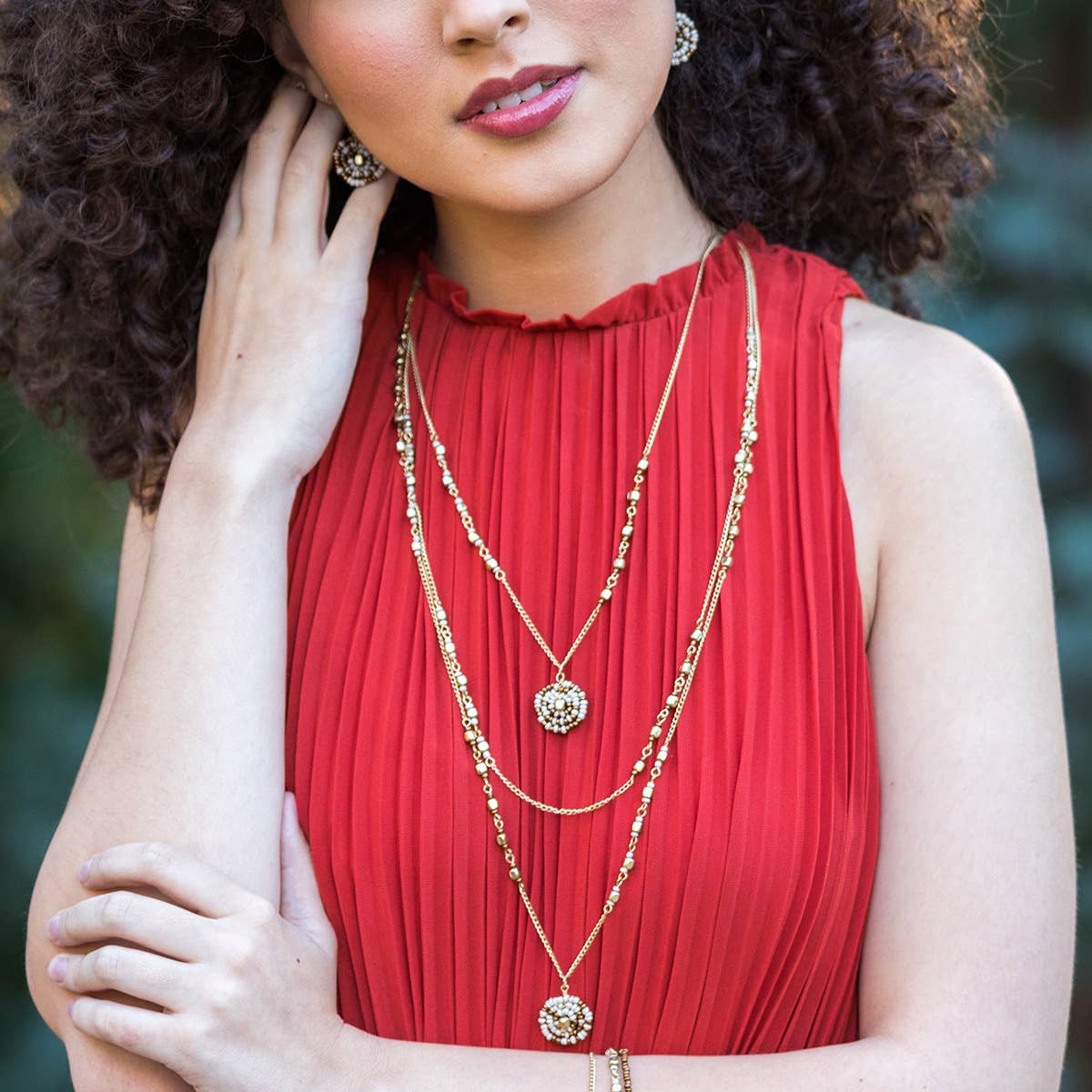 Sachi Coffee & Cream Necklace - Gold Bead & Discs