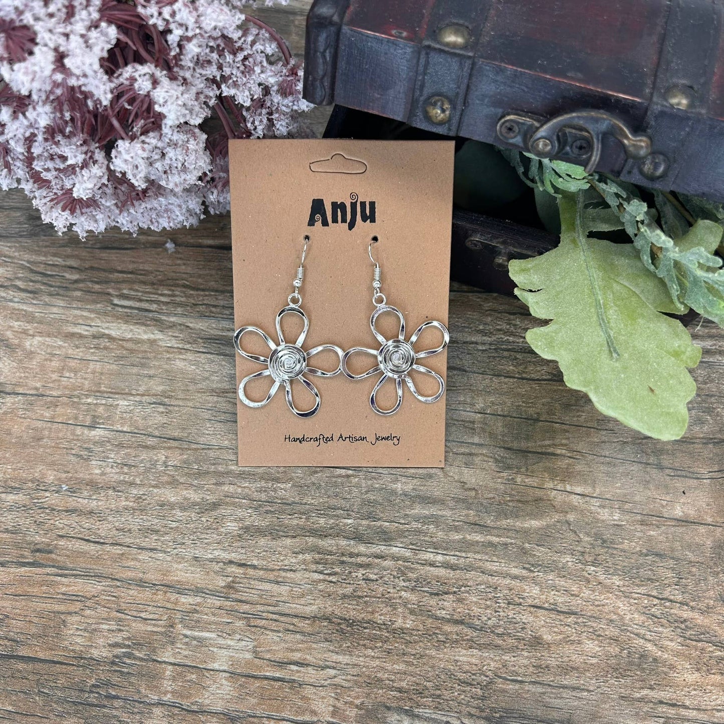 Spiral Center Flower- silver plated earrings
