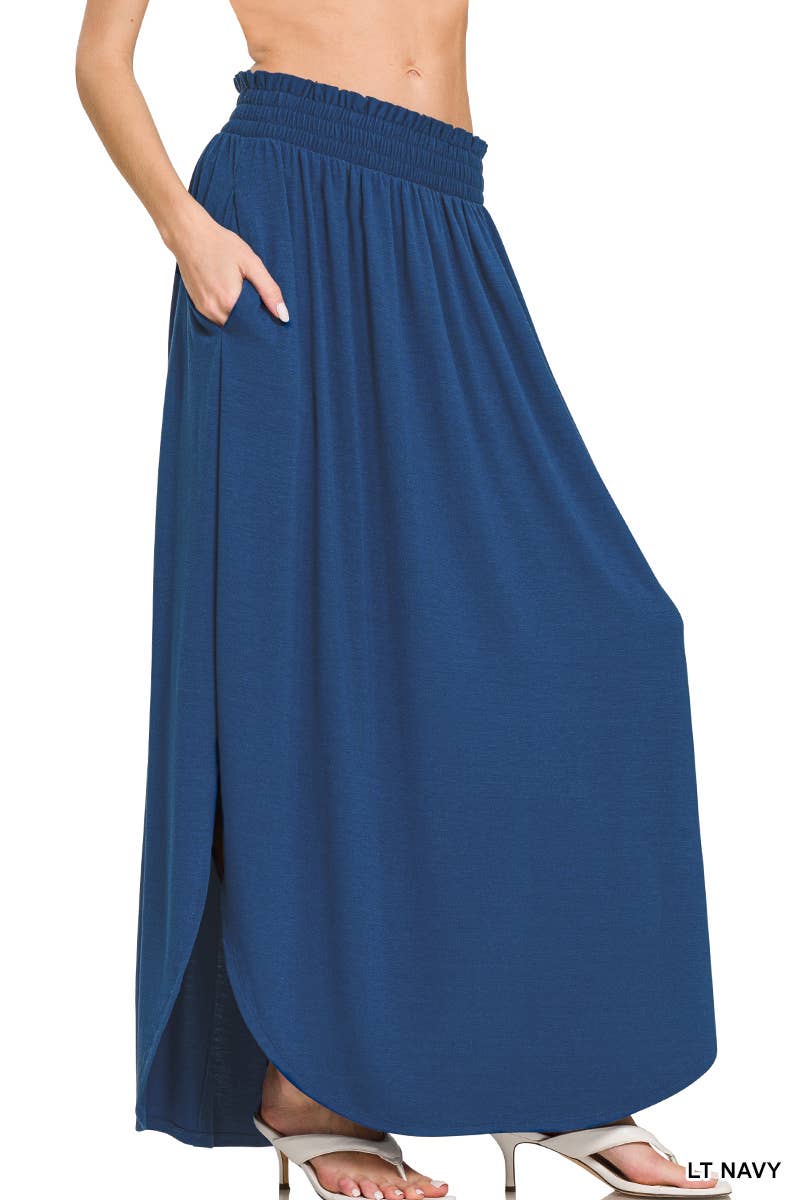 Navy Side Slit Maxi Skirt With Pockets